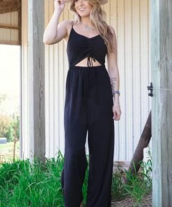 Love Tree Black Ruched Bodice Jumpsuit With Cutout