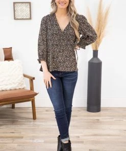 Wish List LONG SLEEVES Black Ditsy Floral Peplum Top