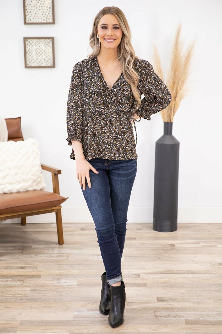 Wish List LONG SLEEVES Black Ditsy Floral Peplum Top 4 Wish List LONG SLEEVES Black Ditsy Floral Peplum Top