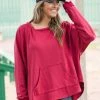 WHOLE SALE FASHION TRENDS Wine Round Hem Hooded Top Tops