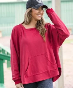 WHOLE SALE FASHION TRENDS Wine Round Hem Hooded Top Tops