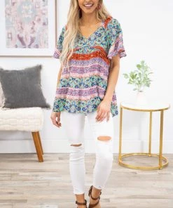 Jodifl SHORT SLEEVES Mint Multicolor Floral Flutter Sleeve Top