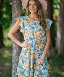 Les Amis Slate Blue And Mustard Floral Print Dress