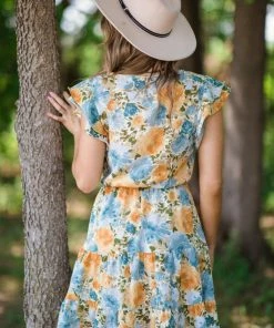 Les Amis Slate Blue And Mustard Floral Print Dress