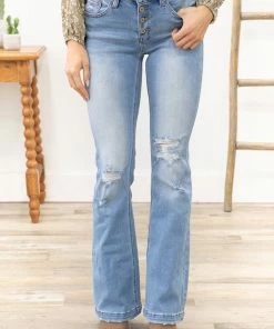 Bottoms Kancan Medium Wash Distressed Knee Flare Jeans