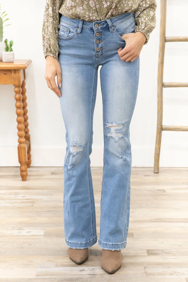 Bottoms Kancan Medium Wash Distressed Knee Flare Jeans 3 Bottoms Kancan Medium Wash Distressed Knee Flare Jeans