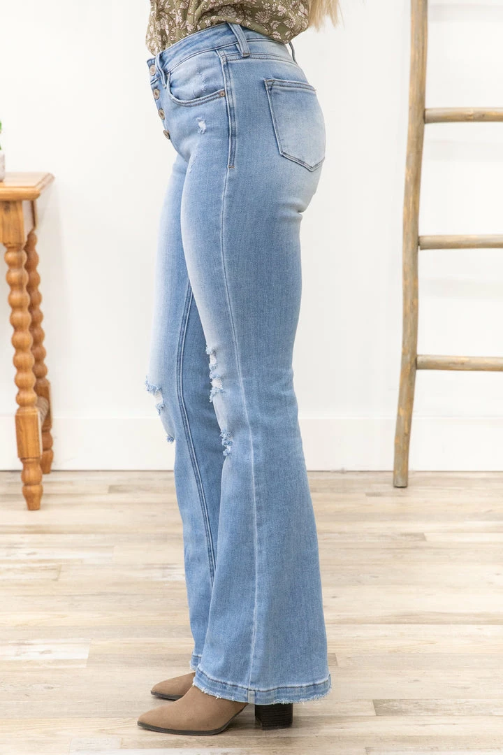 Bottoms Kancan Medium Wash Distressed Knee Flare Jeans 4 Bottoms Kancan Medium Wash Distressed Knee Flare Jeans