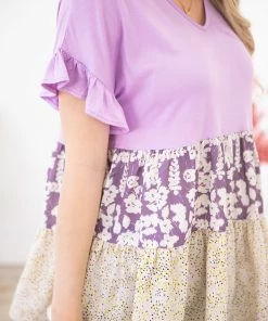 Hailey And Co Orchid Floral Print Colorblock Babydoll Top