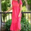 Staccato Dresses Coral Elastic Waist Ruffle Trim Maxi Dress