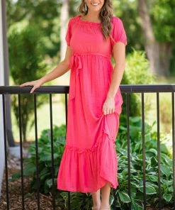 Staccato Dresses Coral Elastic Waist Ruffle Trim Maxi Dress