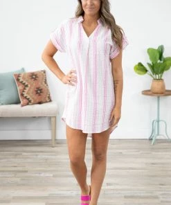 Solution Dresses Pink And White Textured Stripe Shirt Dress