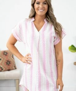 Solution Dresses Pink And White Textured Stripe Shirt Dress
