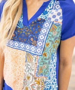 Umgee SHORT SLEEVES Cobalt Multicolor Paisley Patchwork Print Top 11 Umgee SHORT SLEEVES Cobalt Multicolor Paisley Patchwork Print Top