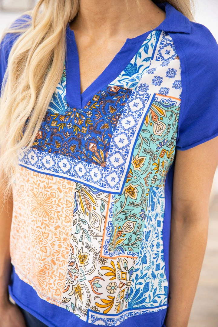 Umgee SHORT SLEEVES Cobalt Multicolor Paisley Patchwork Print Top 7 Umgee SHORT SLEEVES Cobalt Multicolor Paisley Patchwork Print Top