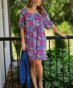 Haptics Dresses Blue And Pink Bubble Sleeve Floral Print Dress