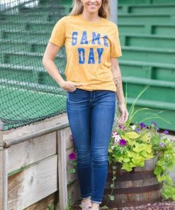 Oat Collective Tops Mustard And Blue Game Day Graphic Tee