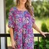Haptics Dresses Blue And Pink Bubble Sleeve Floral Print Dress