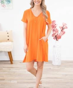 Mittoshop Dresses Orange Short Sleeve V-Neck Shift Dress
