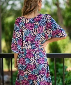 Haptics Dresses Blue And Pink Bubble Sleeve Floral Print Dress