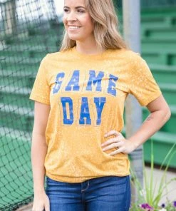 Oat Collective Tops Mustard And Blue Game Day Graphic Tee