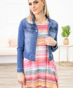 SOL RHR Dresses Pink Multicolor Stripe Short Sleeve Knit Dress