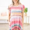 SOL RHR Dresses Pink Multicolor Stripe Short Sleeve Knit Dress