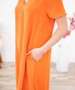 Mittoshop Dresses Orange Short Sleeve V-Neck Shift Dress