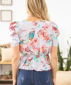 My Story Pastel Blue Multicolor Floral Print Peplum Top SHORT SLEEVES