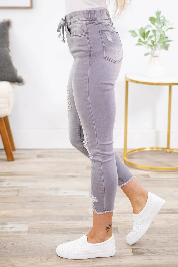 Bottoms YMI Light Grey Distressed Jogger Jean 4 Bottoms YMI Light Grey Distressed Jogger Jean
