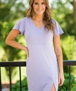 CY Fashion Lavender V-Neck Dress With Side Slit