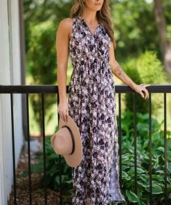 Tua Fashion, INC. Taupe And Black Floral Surplice Maxi Dress Dresses