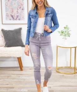 Bottoms YMI Light Grey Distressed Jogger Jean 9 Bottoms YMI Light Grey Distressed Jogger Jean