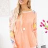 7th Ray LONG SLEEVES Coral Multicolor Floral Print Sleeve Top