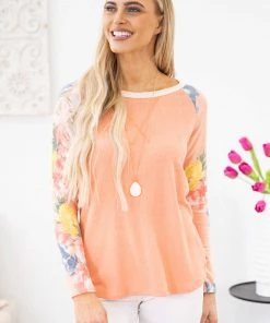 7th Ray LONG SLEEVES Coral Multicolor Floral Print Sleeve Top