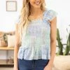 Blue B Mint Multicolor Aztec Print Smocked Tank SHORT SLEEVES 2 Blue B Mint Multicolor Aztec Print Smocked Tank SHORT SLEEVES