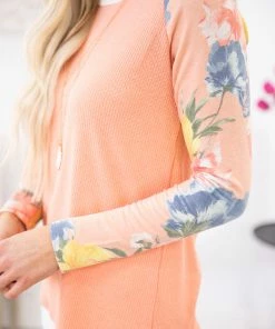 7th Ray LONG SLEEVES Coral Multicolor Floral Print Sleeve Top