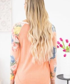 7th Ray LONG SLEEVES Coral Multicolor Floral Print Sleeve Top