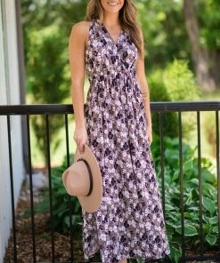 Tua Fashion, INC. Taupe And Black Floral Surplice Maxi Dress Dresses