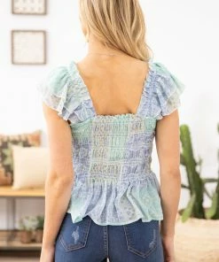 Blue B Mint Multicolor Aztec Print Smocked Tank SHORT SLEEVES