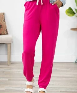 Zenana Bottoms Hot Pink Drawstring Waist Knit Joggers