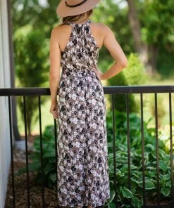 Tua Fashion, INC. Taupe And Black Floral Surplice Maxi Dress Dresses