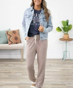 Zenana Bottoms Mocha Drawstring Waist Knit Joggers