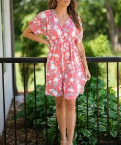 Honey Me Coral Multicolor Floral Smocked Waist Dress