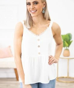 Staccato Off White Lace Trim Tank With Button Detail