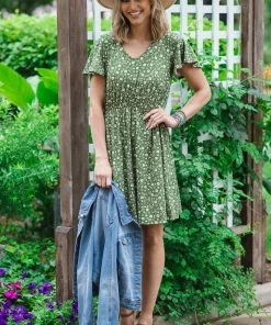 Honey Me Olive Ditsy Floral Short Sleeve Dress Dresses