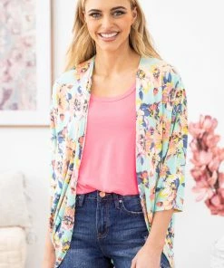Lime N Chili Aqua Multicolor Floral Print Kimono CARDIGANS