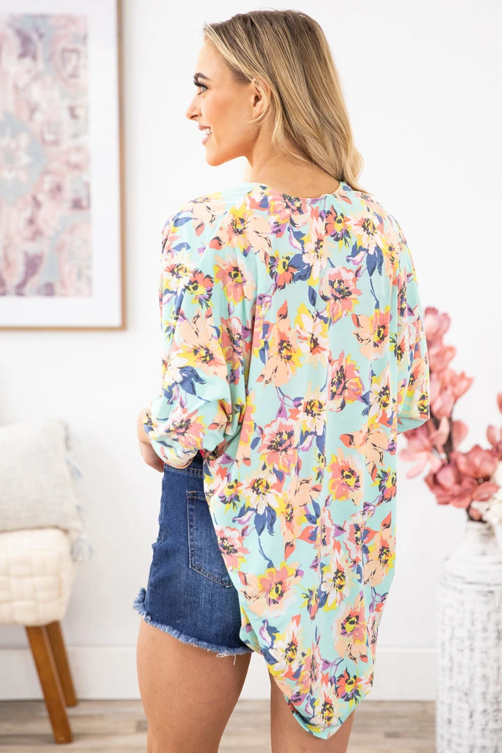 Lime N Chili Aqua Multicolor Floral Print Kimono CARDIGANS 6 Lime N Chili Aqua Multicolor Floral Print Kimono CARDIGANS
