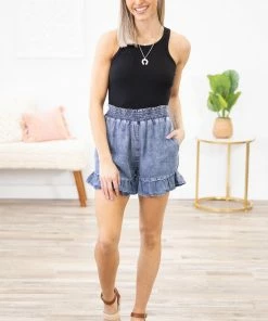 Doe & Rae Bottoms Medium Wash Bleached Smocked Waist Shorts