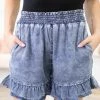 Doe & Rae Bottoms Medium Wash Bleached Smocked Waist Shorts
