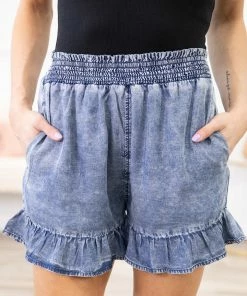 Doe & Rae Bottoms Medium Wash Bleached Smocked Waist Shorts